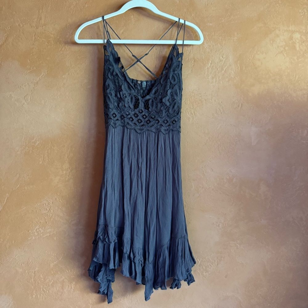 Free People FP One Lace Bodice Handkerchief Hem Mini Dress Boho Festival